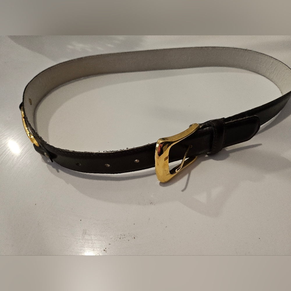 Vintage Ann Klein II BROWN  LEATHER BELT Gold Logo Sz Med